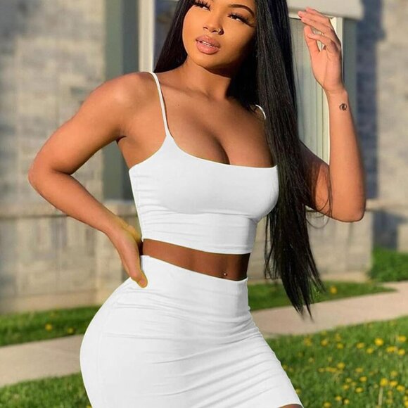 Women's Polyester Spandex 2 Piece Set Crop Top Mini Skirt Casual Night - Picture 3 of 6